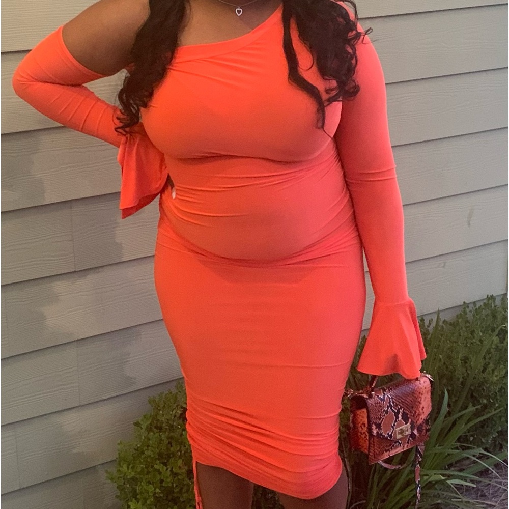 Orange ruched midi dress